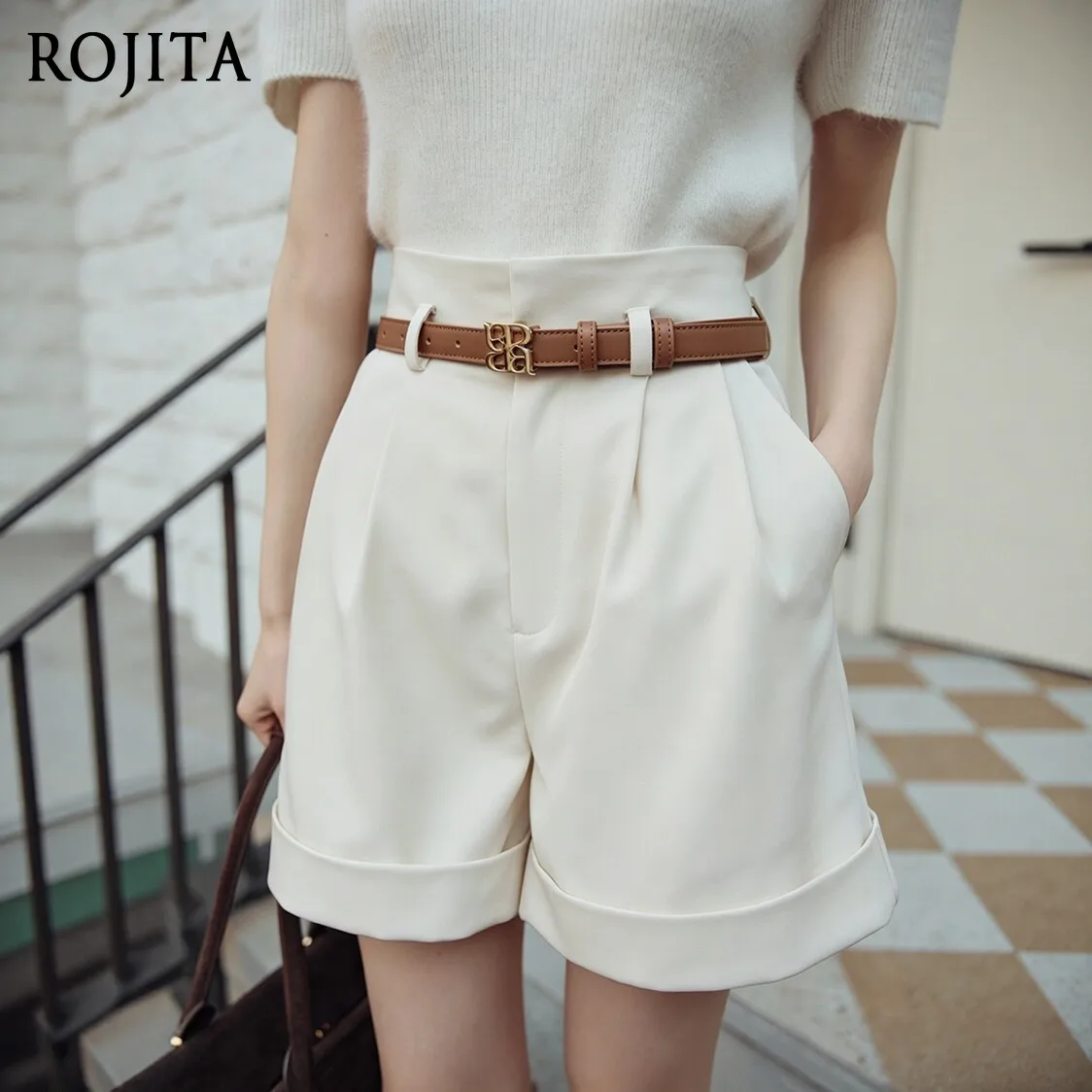 Ladies Elegant High Waist Roll Edge Shorts Japanese Style Solid Color Loose Wide Leg Suit Shorts for Daily Office