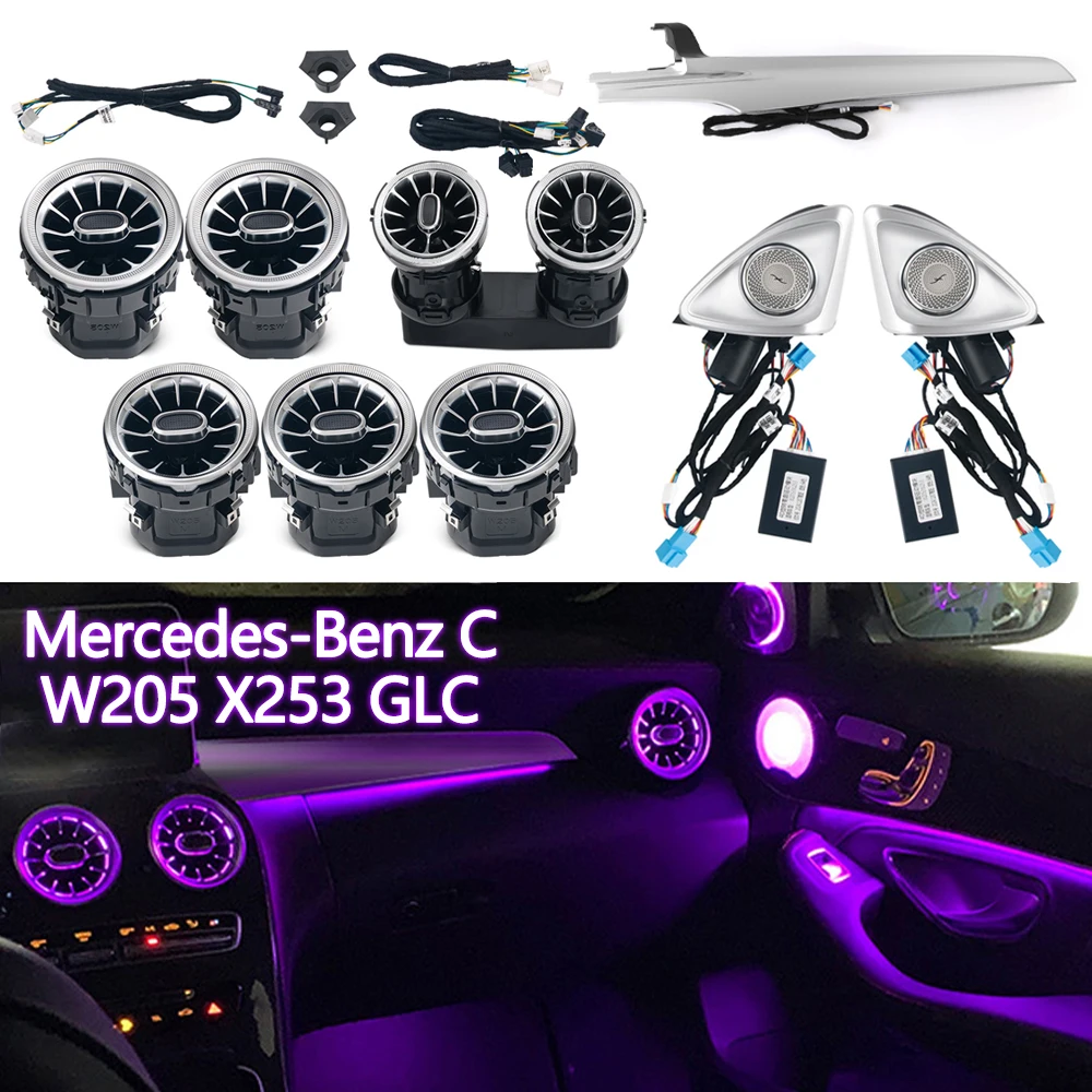 For Benz W205 X253 GLC Accessories LED Turbine Air Vents Ambient Light Copilot Decoration Panel Lamp 4D Rotating Tweeter Speaker