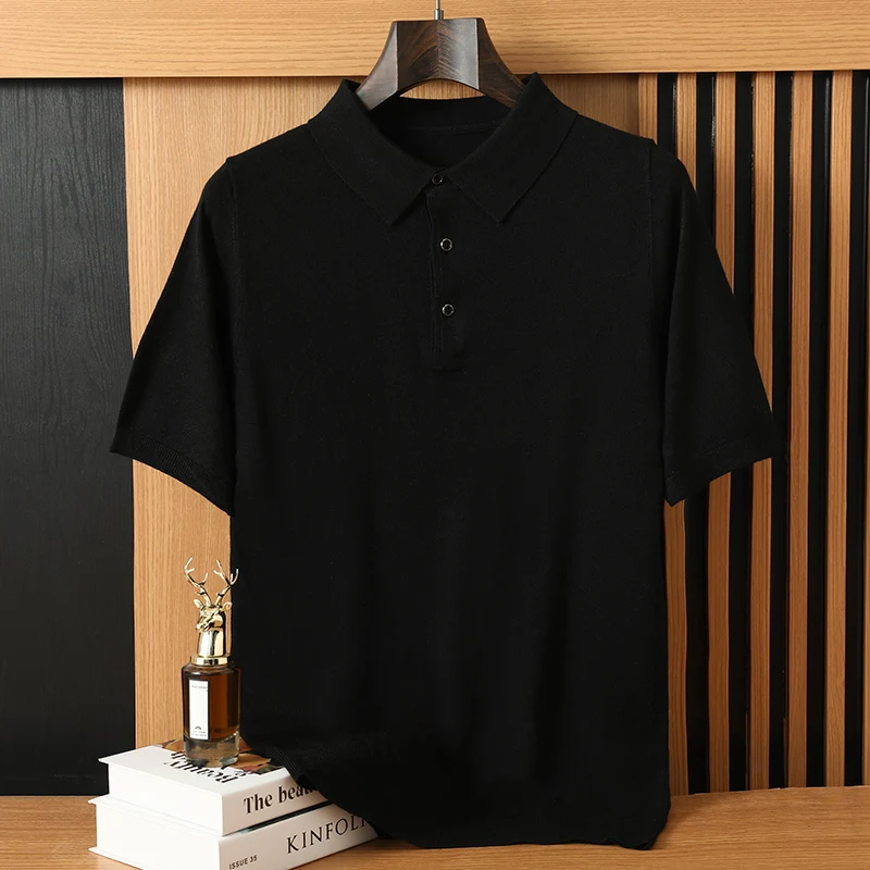 Spring Summer Solid Color Wool Polo Collar Knitted Short Sleeved T-Shirt For Men, Fashionable Business Casual Versatile Pullover