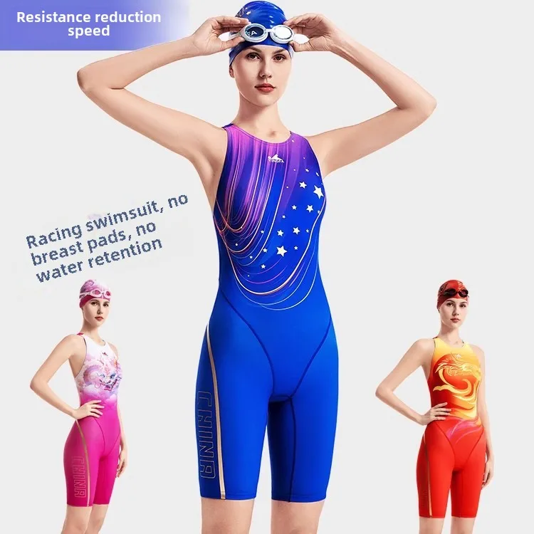 Red Fastskin One Piece Swimsuit Knee-Length Racing Swimsuit Female Swimming Outfit Yingfa Women Professional Sporty Swimwear