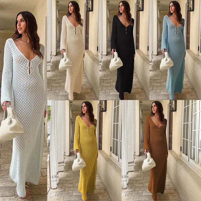 

Sexy Women White Long Knit Sleeve Bikin Fashion Cover up Female See-Through Deep V-Neck Hollow-Out Beach Knitwear Backless Dress