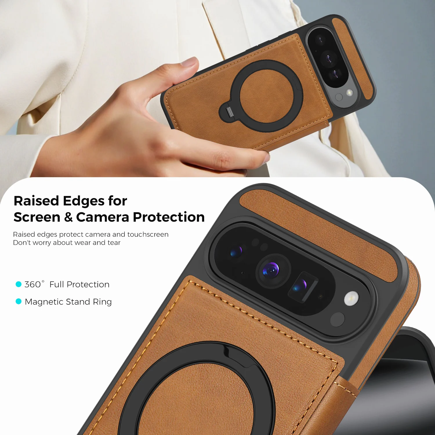 Funda de teléfono tipo billetera de cuero magnética con soporte de anillo giratorio 360 para Google Pixel 10 Pro XL 9A 9 8 8A a prueba de golpes para Magsafe