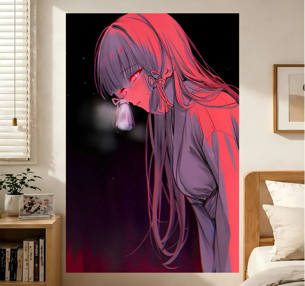 Yandere Anime Girl Wall Tapestry Long Hair Glowing Red Eyes Neon Red Purple Dark Manga Art Wall Hanging Dorm Bedroom Aesthetic