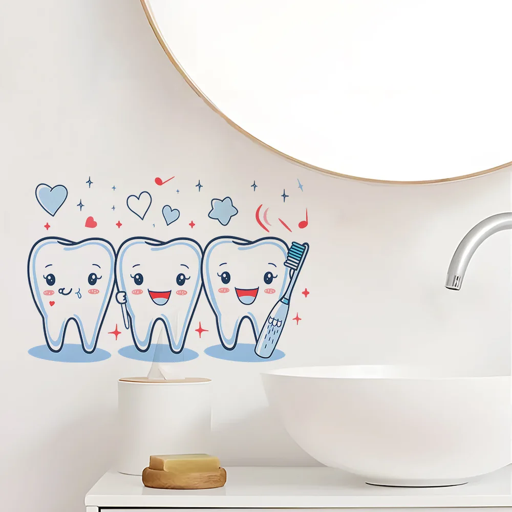 Cartoon Tooth Design Wall Sticker PVC Waterproof Easy To Tear And Install For Bathroom Bedroom Washbasin Home Decoration