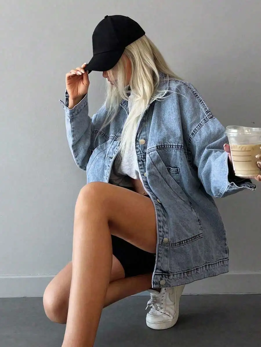 

Womens Drop Shoulder Loose Denim Jacket Long Sleeve Single Breasted Casual