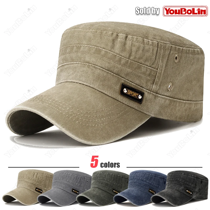 Distressed Textured Flat-Top Cap, Couple Style Outdoor Sun Protection Military Cap