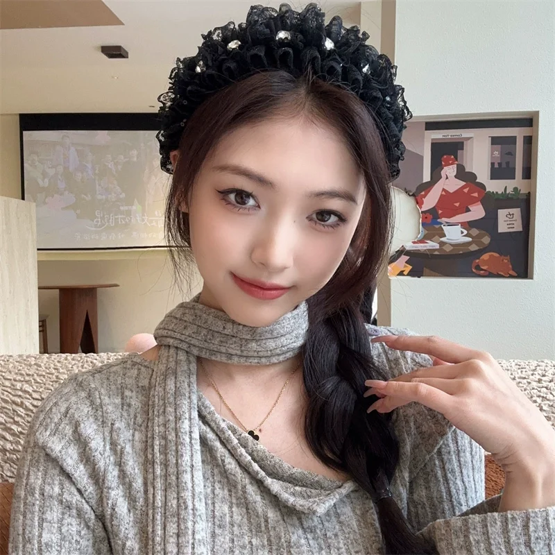 الإناث النسخة الكورية أغطية الرأس الأسود الدانتيل حجر الراين مشبك شعر للنساء السيدات 2025 نمط جديد هيرباند الملحقات #1