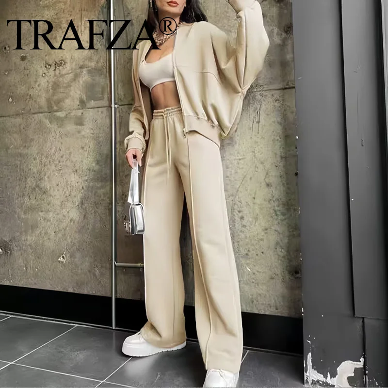 TRAFZA Women\'s 2024 Fleece Trousers Suit Baseball Sweatshirt Coat + Solid Drawstring High Waist Casual Pants Matching Set Street