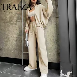 TRAFZA Women's 2024 Fleece Trousers Suit Baseball Sweatshirt Coat + Solid Drawstring High Waist Casual Pants Matching Set Street