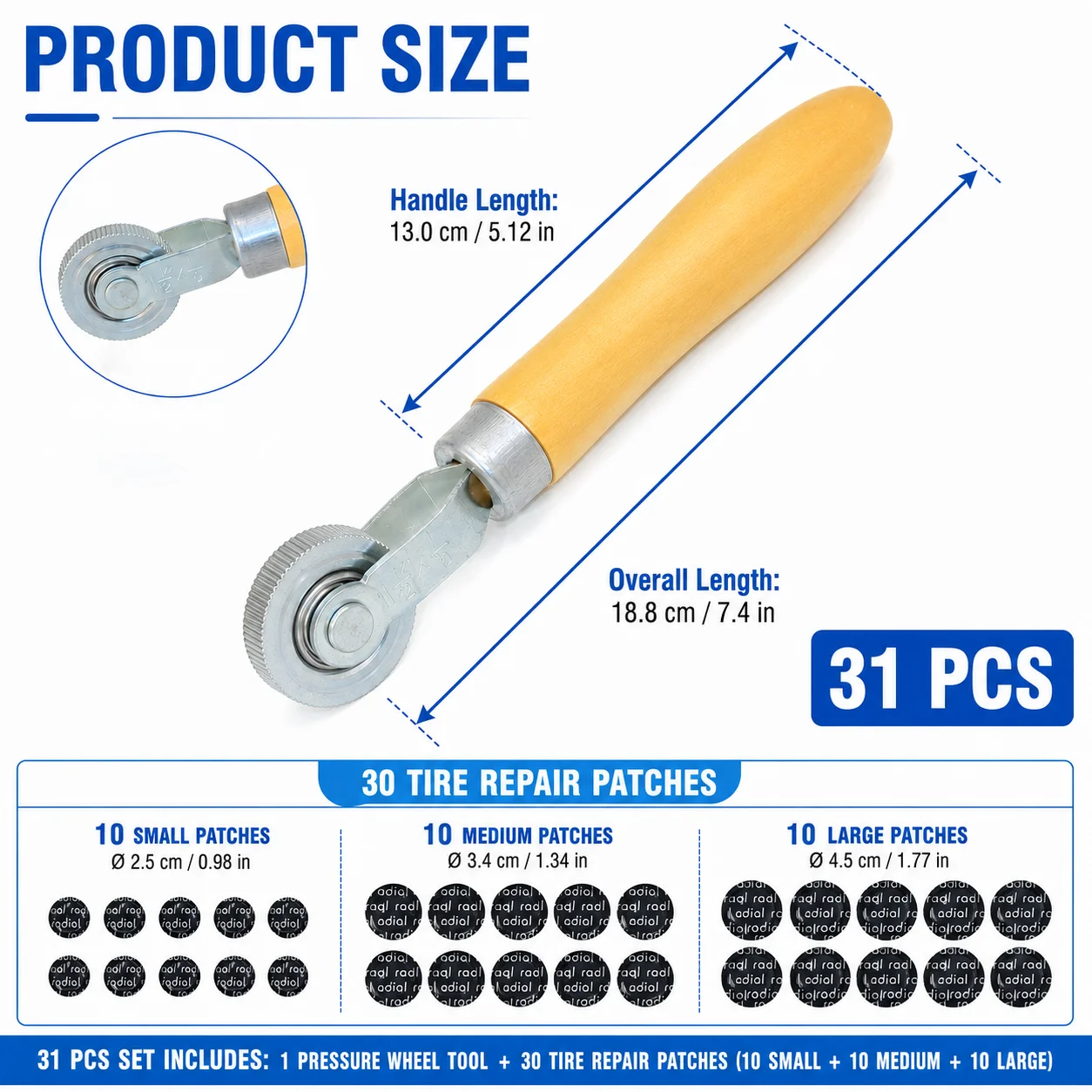 31Pcs Tire Patch Repair Kit, Tire Roller Tool with Wooden Handle + 30Pcs Rubber Tire Repair Patches (Small/Medium/Large), Tyre P