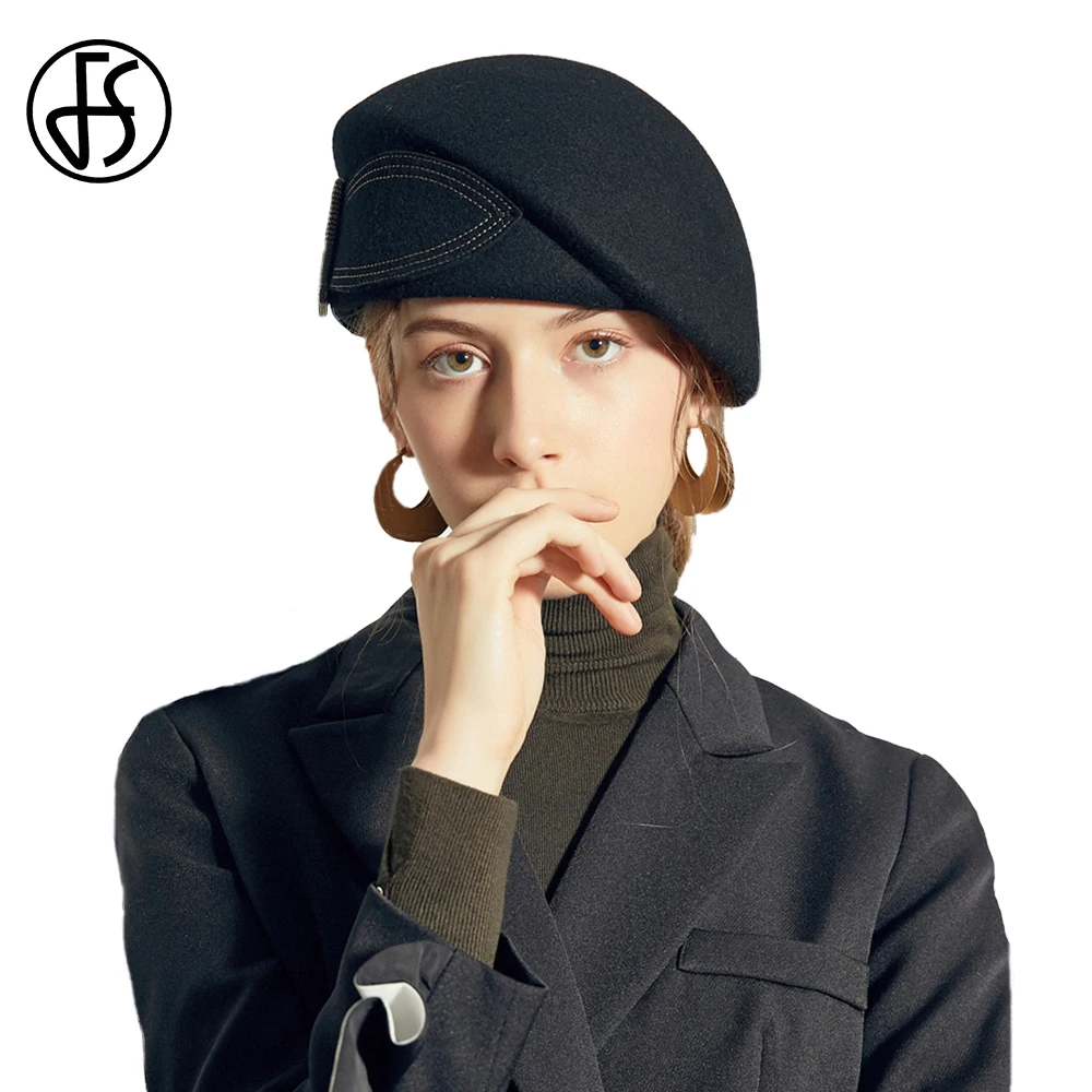 FS Vintage Brytyjski beret damski z kokardą Szerokie rondo Melonik Fedoras Damskie kapelusze Derby Wełniana filcowa czapka 2024 Zima
