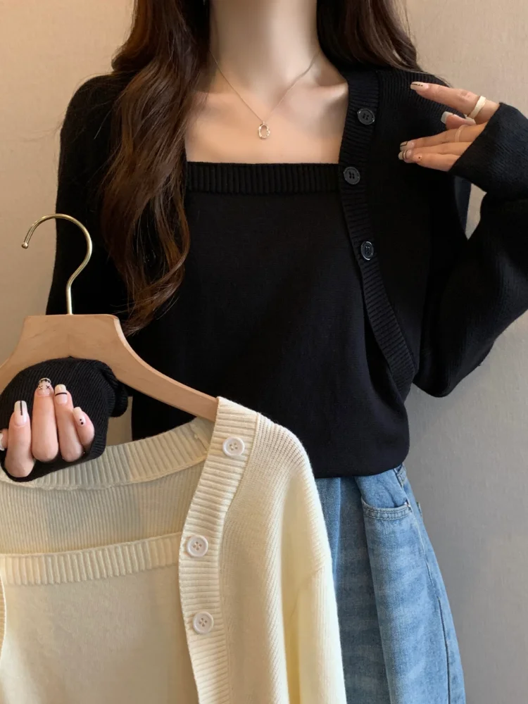 Plus Size Large Size Belly Covered Idle Sle Loose Knitting Bottoming Shirt Spring Chubby Girl Slish Slim Looking Square Colla...