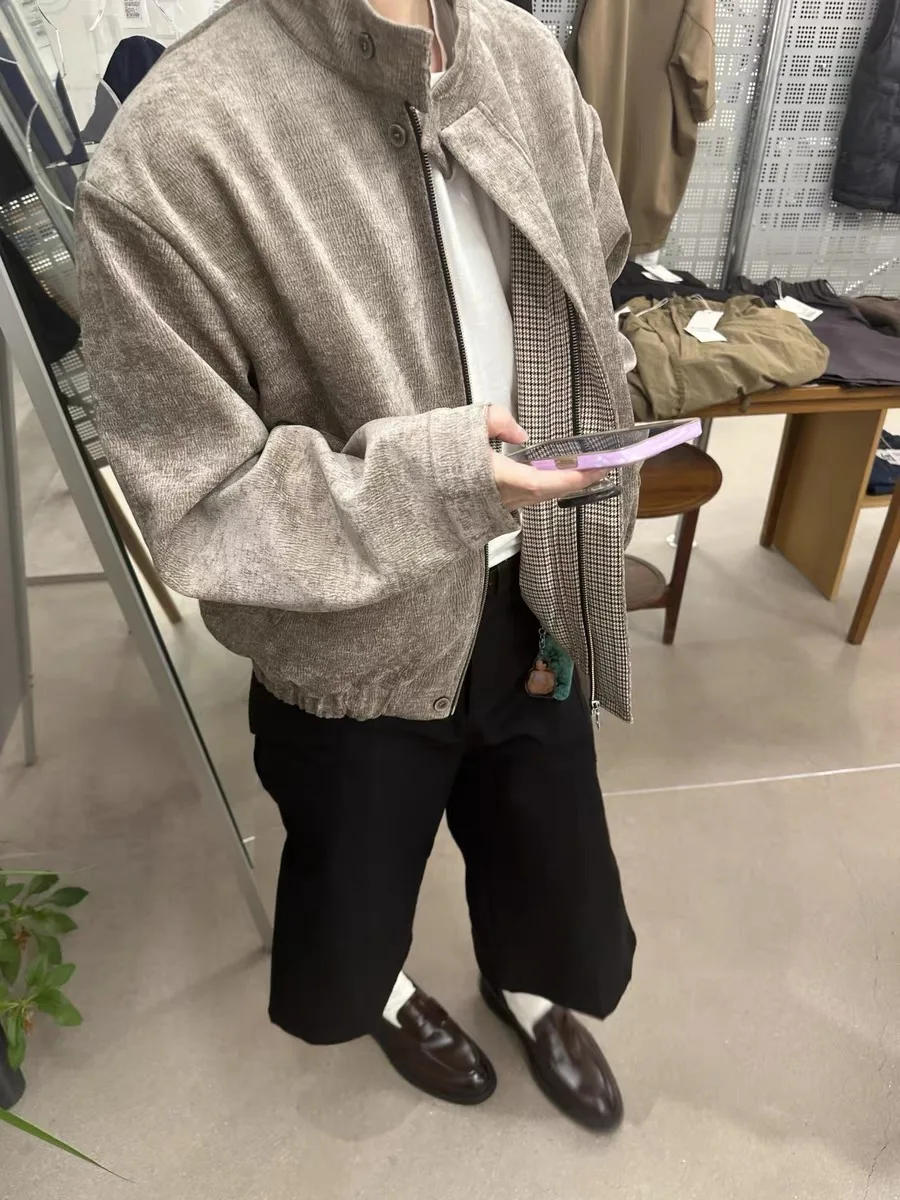 

American Retro Plaid Texture Men's Autumn Winter ort Stand Collar Harrington Jaet Youthful Casual Outerwear Zipper Closure