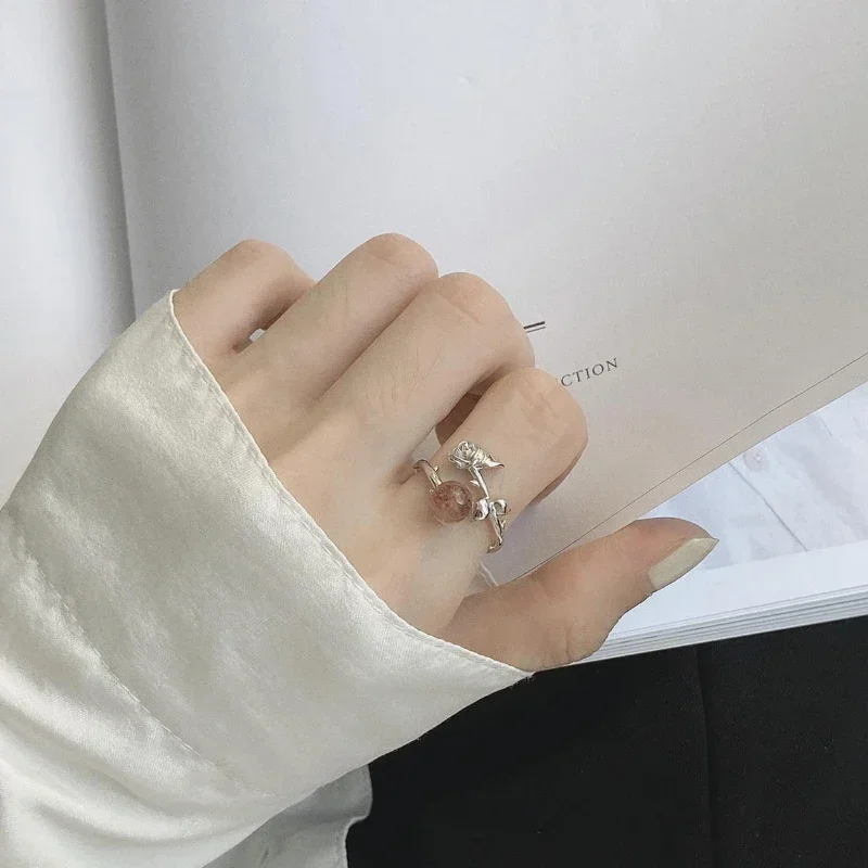 New sweet style silver inlaid rose flower pink gemstone engagement ring delicate and elegant ladies wedding jewelry gift