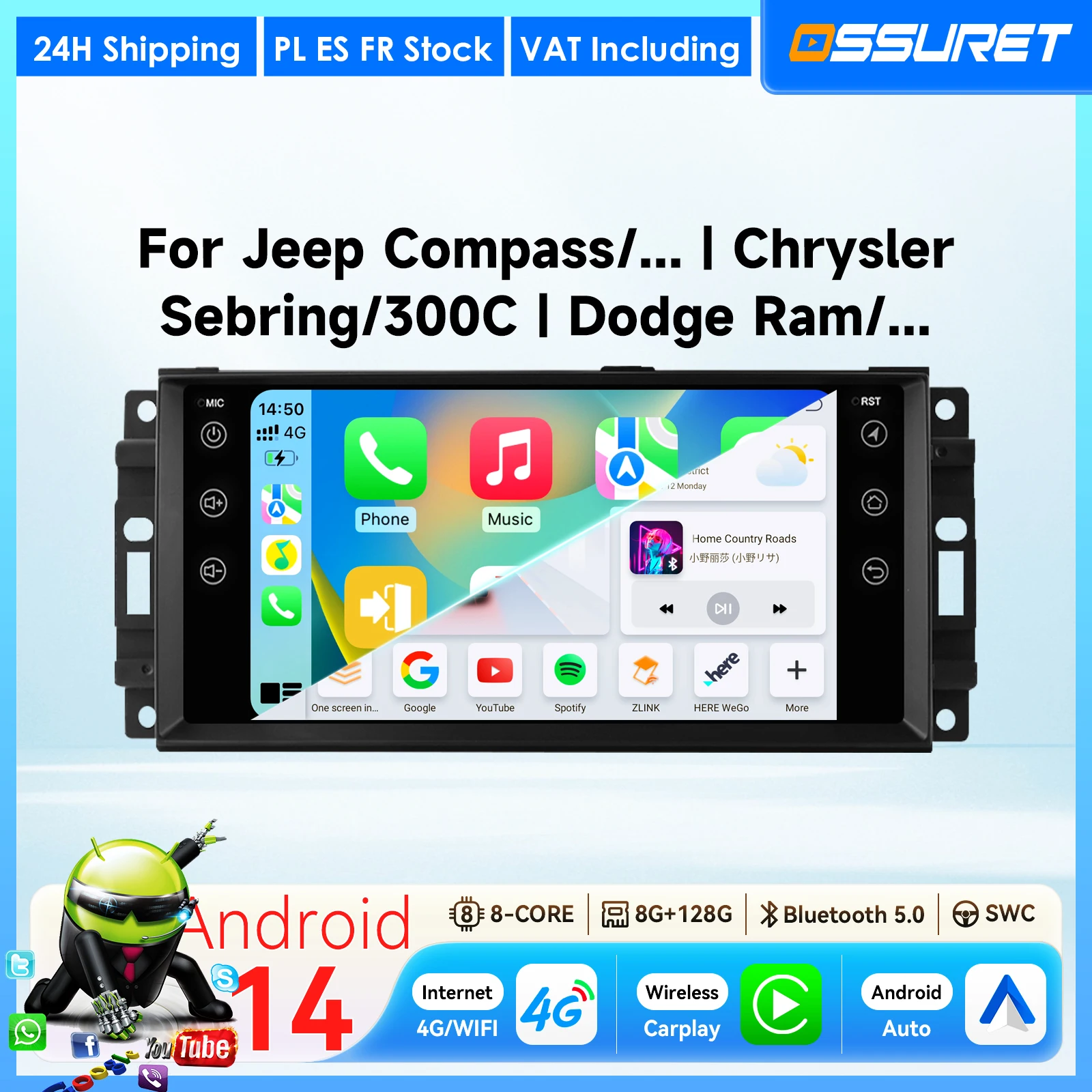 7-calowe bezprzewodowe radio samochodowe z funkcją Carplay i Android Auto do JEEP COMPASS, PATRIOT, GRAND CHEROKEE, WRANGLER, DODGE JOURNEY, CHRYSLER 300C, z GPS, systemem audio i ekranem 7862.