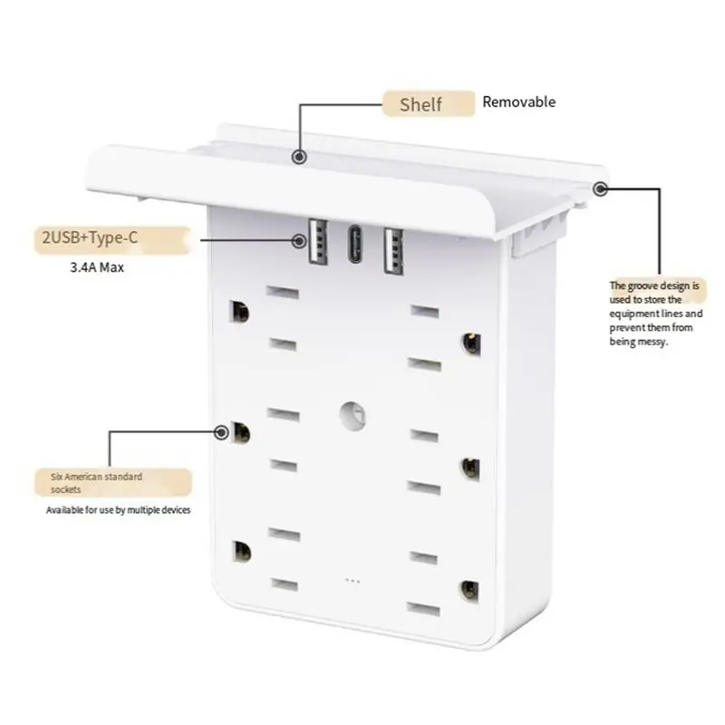 SYW-Wall Mountable Multi-Plug Outlet Extender With Night Light 10-In-1 For Home/Office Desk Organizer US Plug