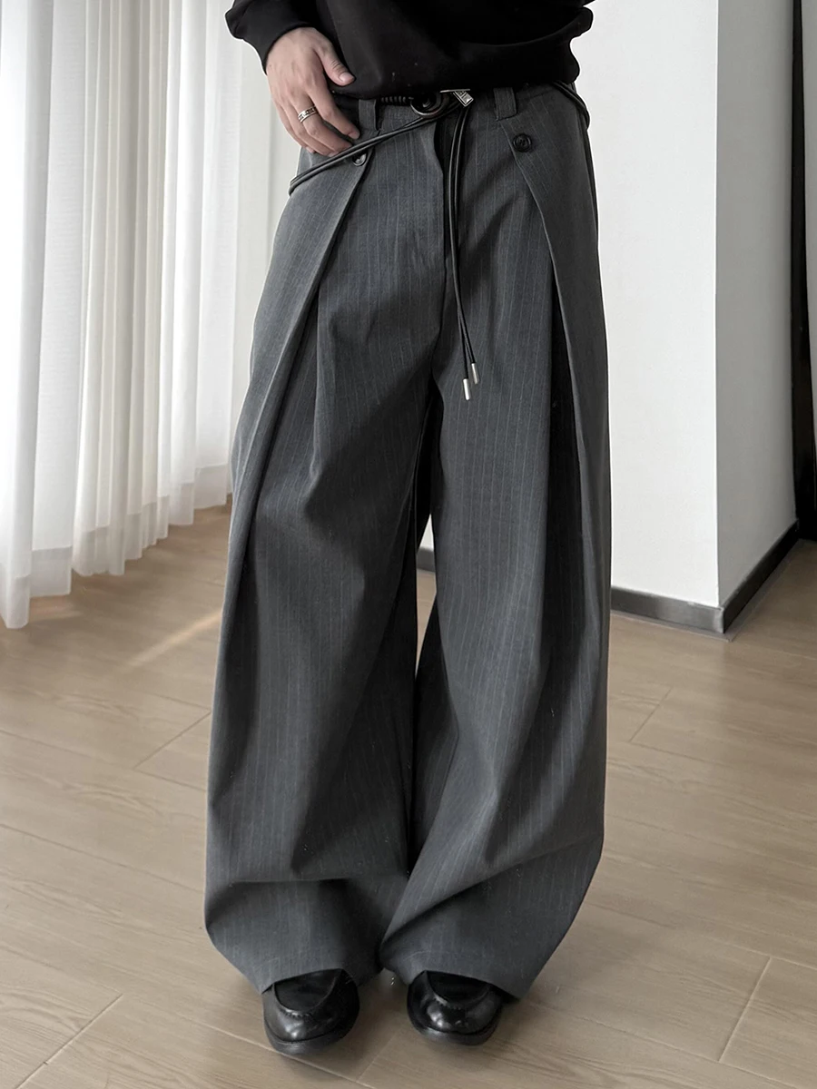 RORIRI ارتفاع الخصر دعوى السترة السراويل للرجال النساء رمادي فضفاض مستقيم العمل بنطلون زر تصميم مطوي قيعان ملابس للجنسين #2