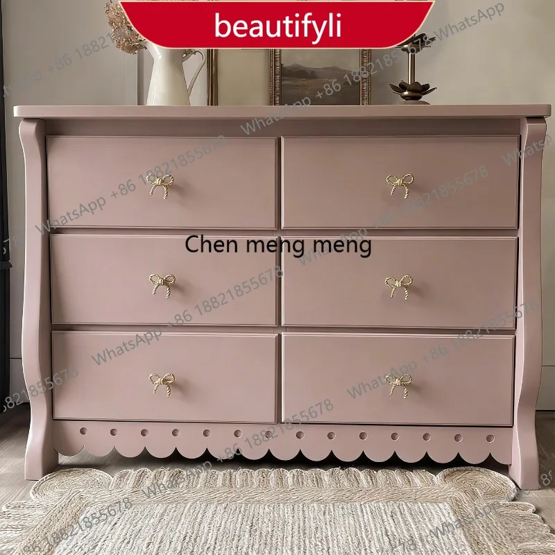 

M02 French pink solid wood four-chest cabinet, locker, metal handle, living room storage, entrance cabinet