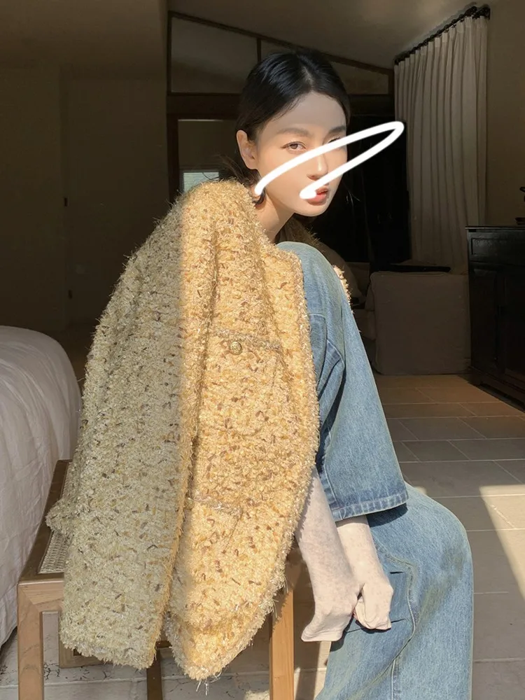 Vintage Women New Casual Tweed Jacket O Neck Covered Button Spliced Multi Pockets Short Coat Office Ladies Work Jacket Outerwear