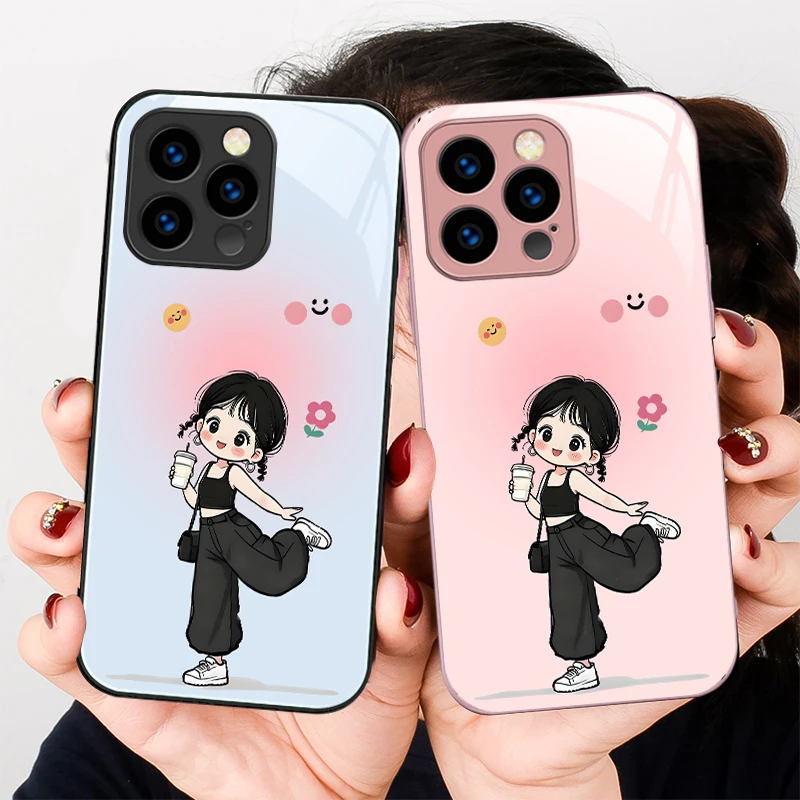 

The girl holding coffee For iPhone 16 E 15 14 13 Plus 12 mini 11 Pro Max 11Pro XR Xs X 7 8 P lus 16E Tempered Glass Phone Case