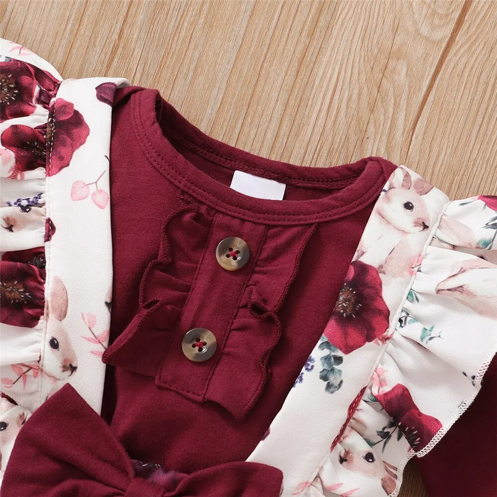 0-24 Months Newborn Baby Girl 3PCS Clothes Set Long Sleeve Romper+Flower Strap Pants+Headband Spring&Autumn Lovely Outfit