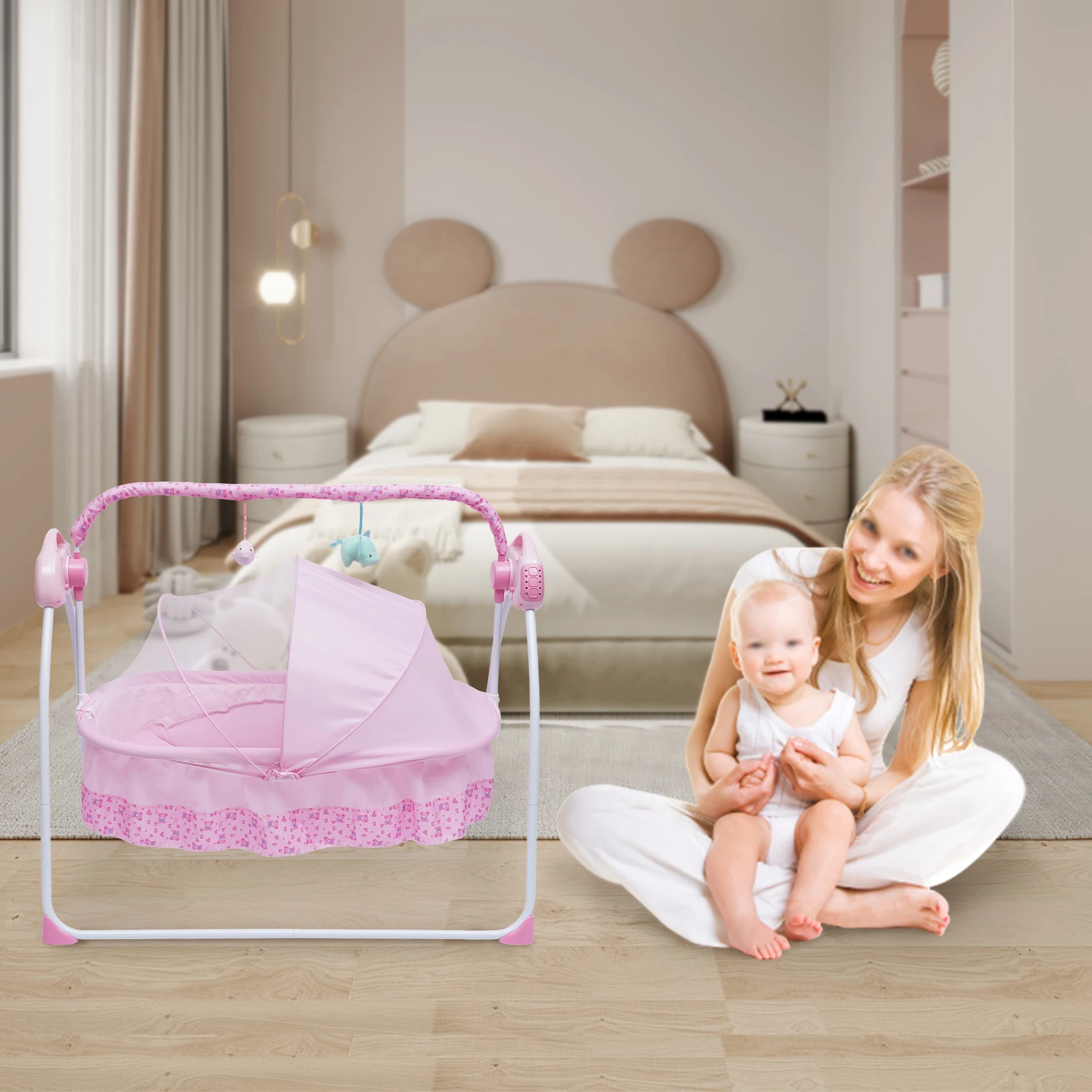 Pink Adjustable Baby Crib Cradle Foldable Electric Auto-Swing Rocking Bassinet Timer Bluetooth Nursery Furniture + Mat