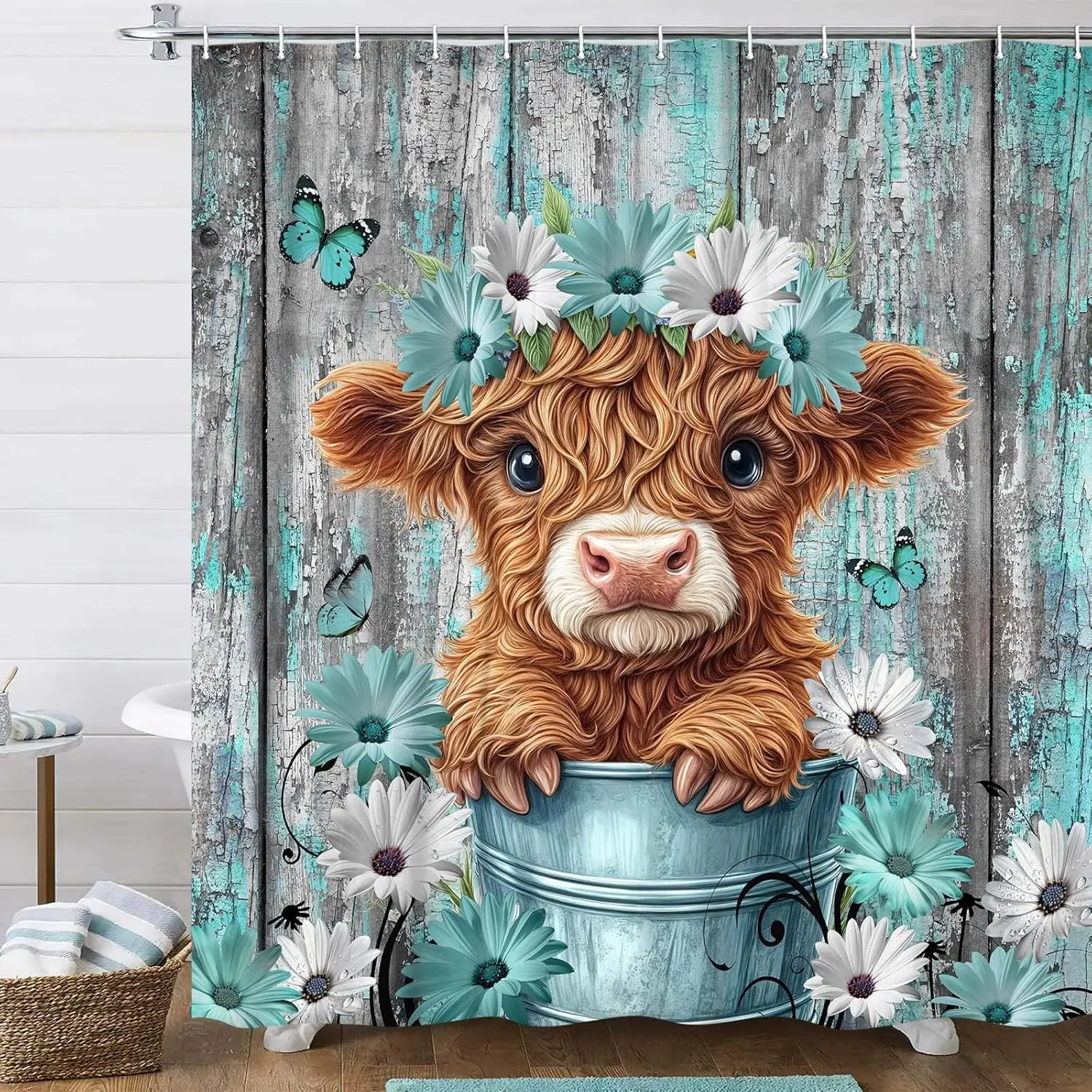 Funny Highland Cow Shower Curtain for Bathroom Decor, Teal Farm Teal Daisy Floral Flowers and Butterfly on Country Wooden