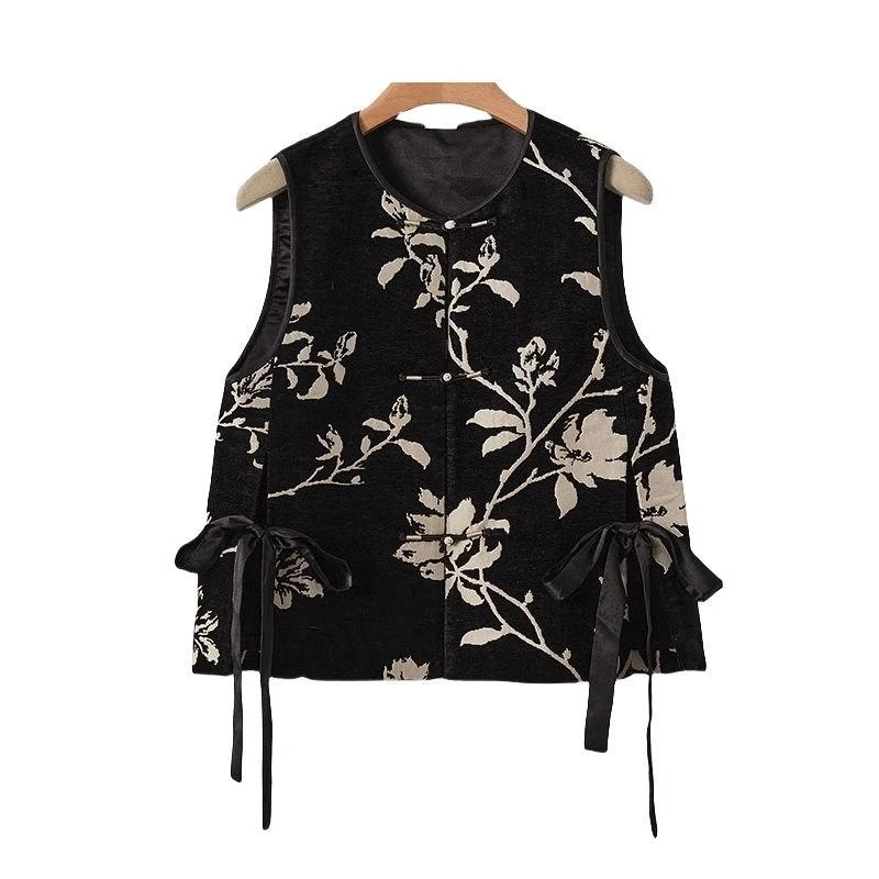 

Изящный черный жилет с принтом, женская элегантная рубашка-ципао без рукавов, топ-жакет, классический китайский стиль, костюм Тан, майка-топ