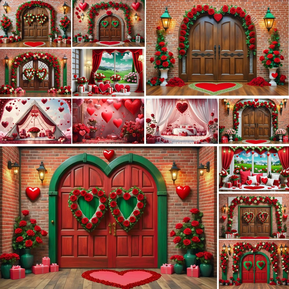

MOON.QG Valentine's Day Doorway Backgrounds For Photographs Rose Wreaths Heart Gift Backdrop Women Photography Birthday Poster