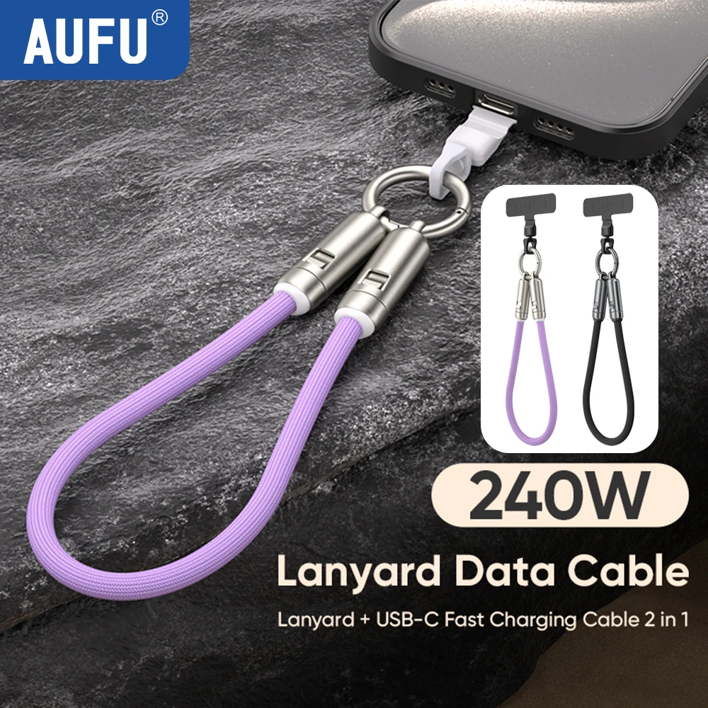 AUFU 2 in 1 240W USB Type C Lanyard Data Cable 5A PD3.1 Fast Charging For iPhone 17 16 15 Samsung iPad MacBook Anti-lost Rope