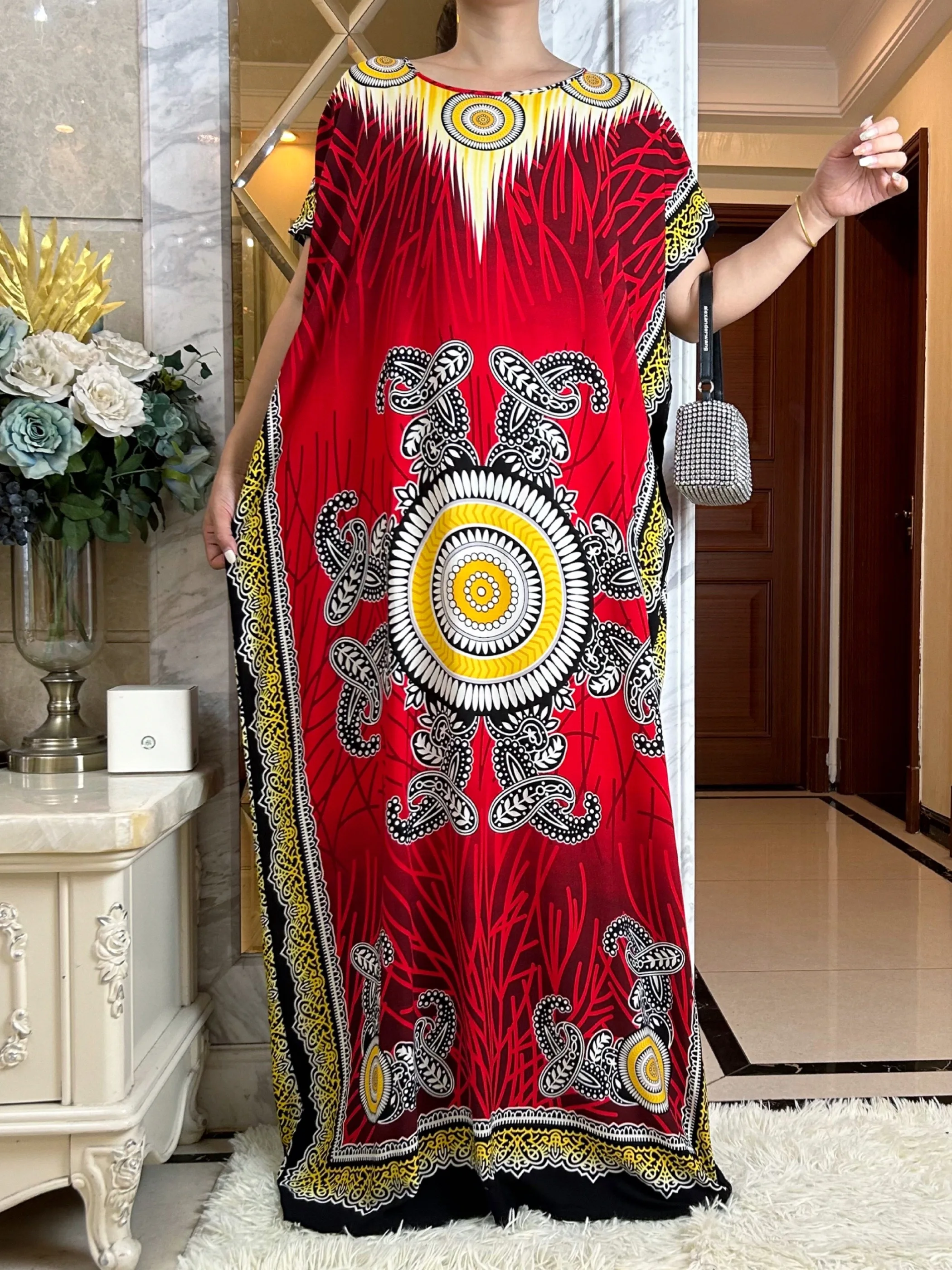 New Summer Party Dress Short Sleeve With Big Scarf Printing Floral Loose Boubou Maxi Islam Women African Abaya Clothes