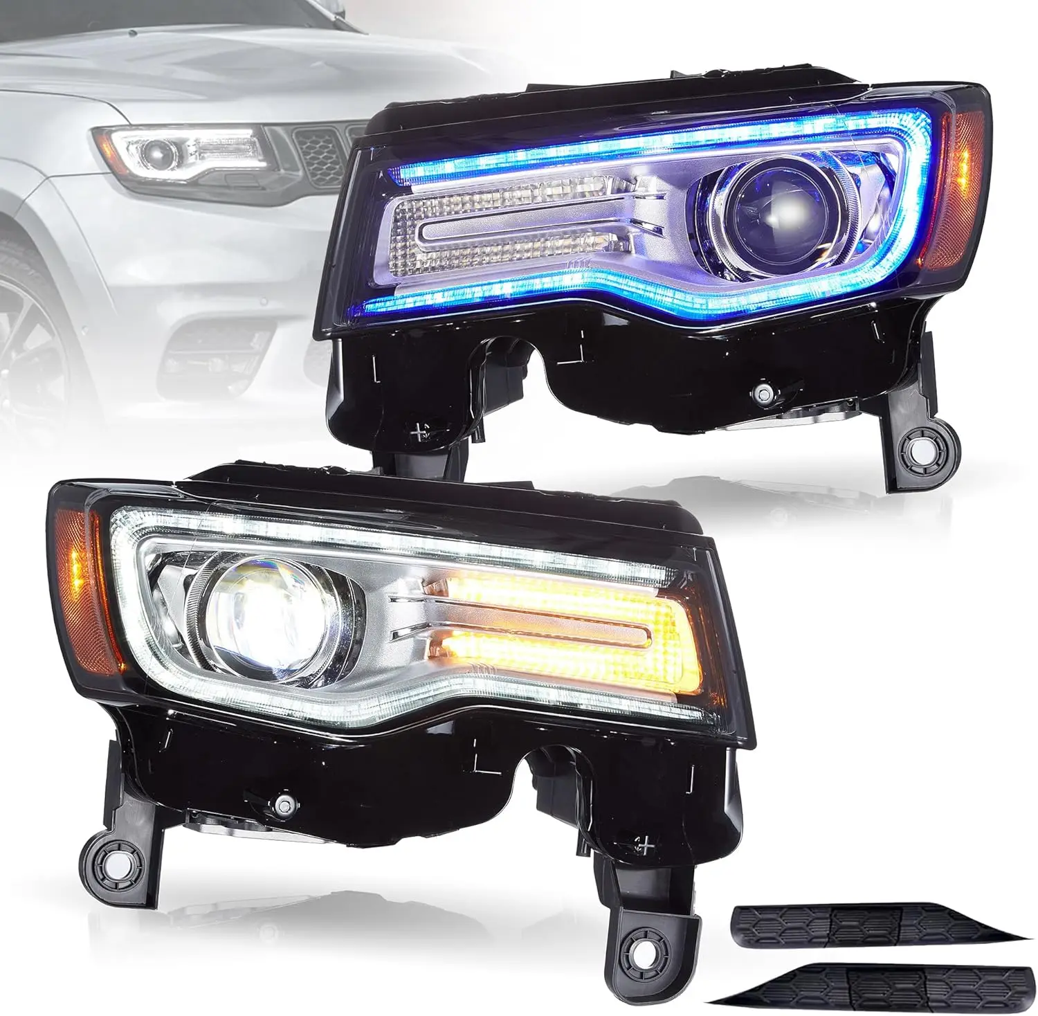 

LED Car Headlight Assembly For Jeep Grand Cherokee WK2 2014-21 Chrome Len Dynamic Turning Signal Start-up Animation Front Lights