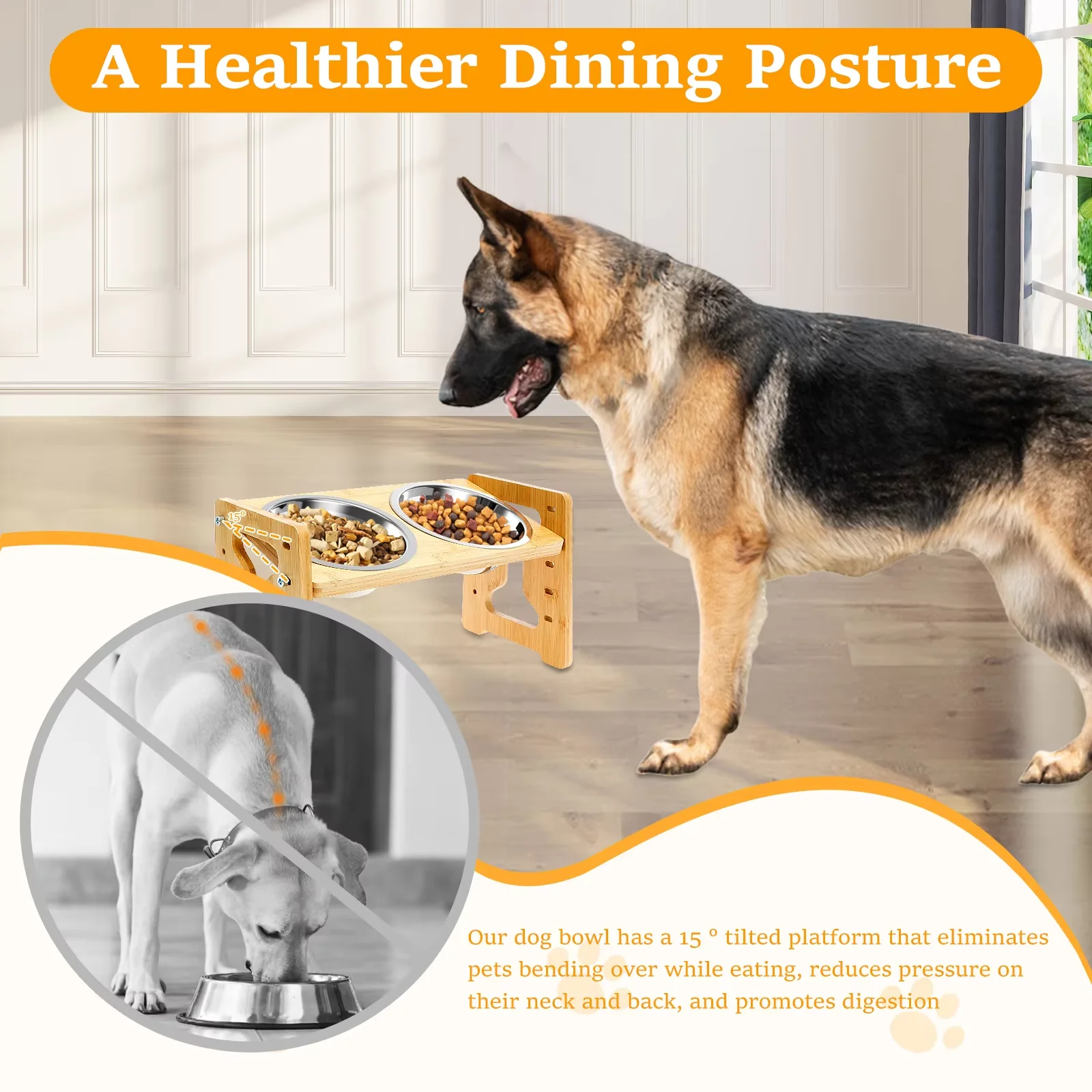 Wooden Elevated Dog Cat Feeder Stand Adjustable Raised Double Stainless Steel Bowls 15°Tilt Anti Slip Pet Food Water Bowl view 3