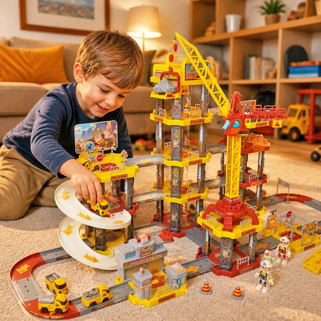 Boy's Engineering Series Rail Car Toy with Suspension Tower, Children's Parking Lot, Suitable for Birthday Gifts (Random Color)