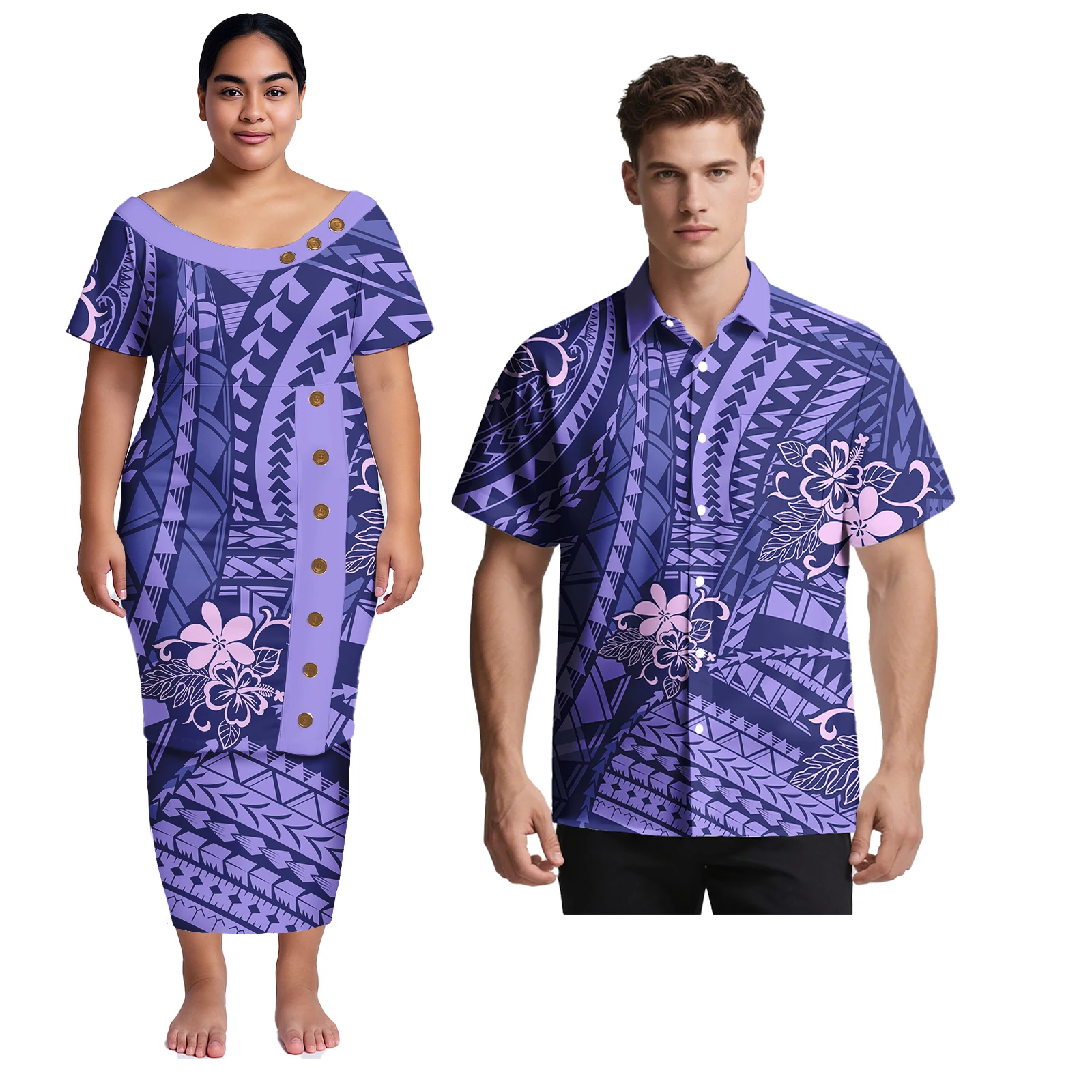 Matching Clothes for Couples Samoan Puletasi Dresses Men's Shirts Polynesian Tribal Couple Outfit Sets