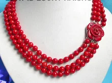 Wonderful Lucky Beautiful 7-8MM 3row round red coral necklace clasp Women wide