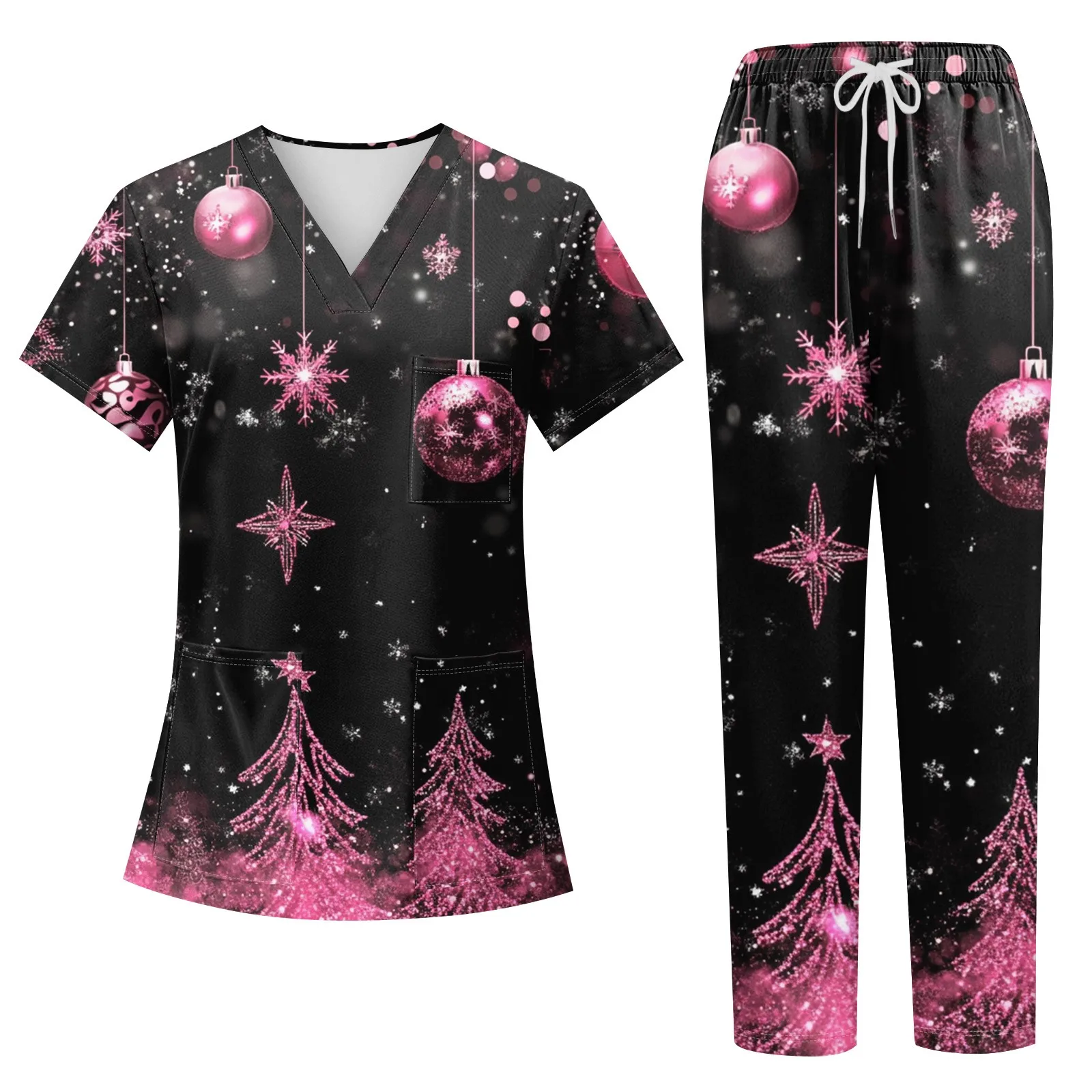Feminino tema de natal manga curta topo e calças compridas roupas de trabalho conjunto de duas peças médico enfermeira uniformes cirúrgicos