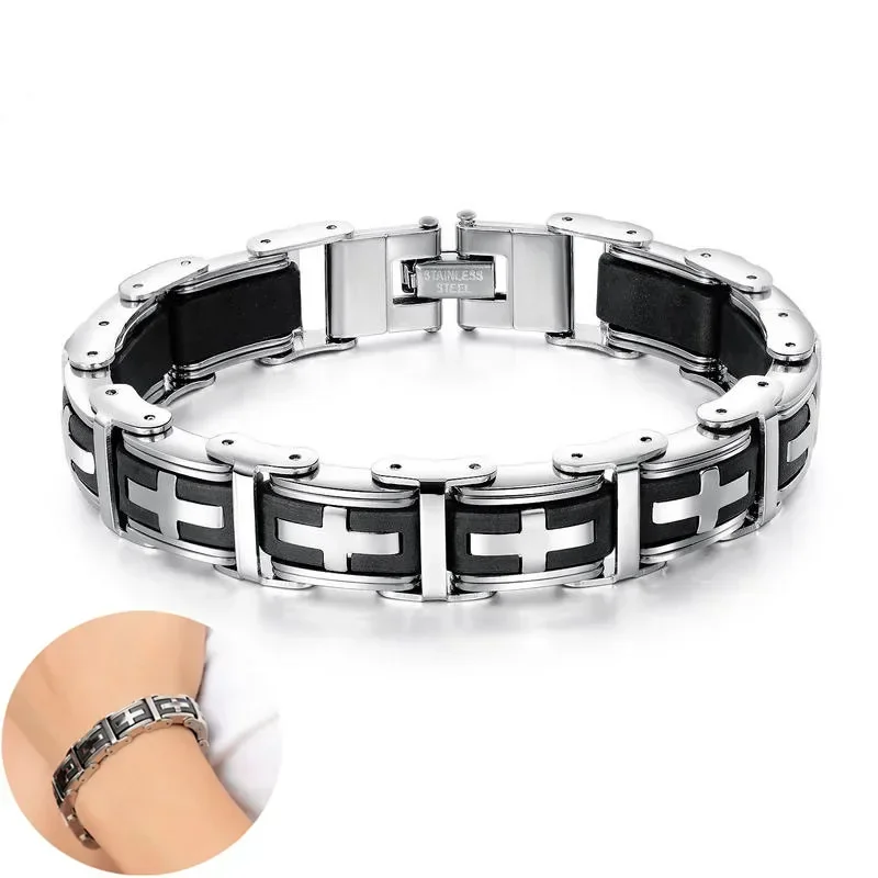 Fashion Black Silicone Cross Men\'s Bracelets for Healthy Magnetic Men Bracelet Bangles Wristband Stainless Steel Male Jewelry