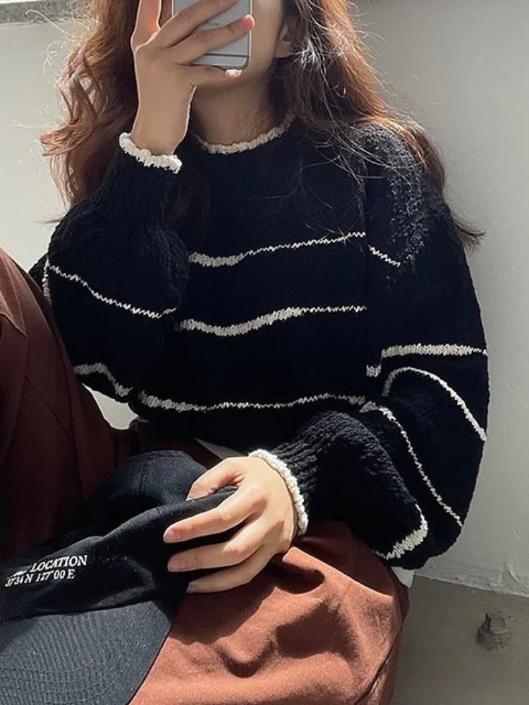 Chic automne hiver paresseux Sle rond Ne couleur Blo rayé Design ample décontracté Long Sve sur la tête pull pour les femmes