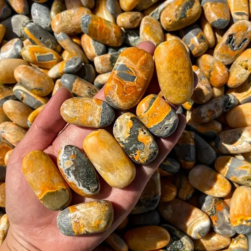 Polished Natural Bumblebee Jasper Pocket Stone, Irregular Elliptical Shape, Bright Yellow Mineral Specimen for