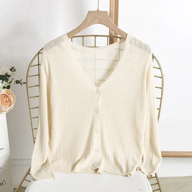 2024 Coat Ice Silk Knitted Sweater Knitted Cardigan Women\'s Summer Thin Version Sun Protection Vest Small Shawl Outer Layer