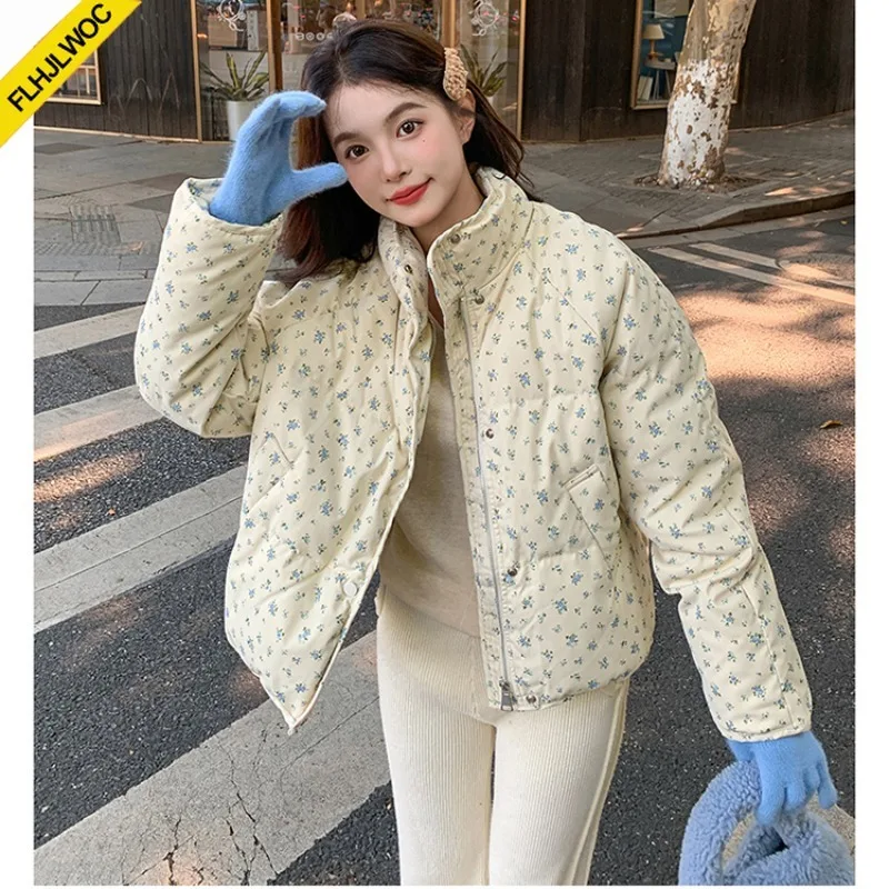 Winter Outerwear Turtleneck Coats Cake Korean Style Retro Vintage Floral Cute Girls Short Down Cotton Jacket for Women Parkas