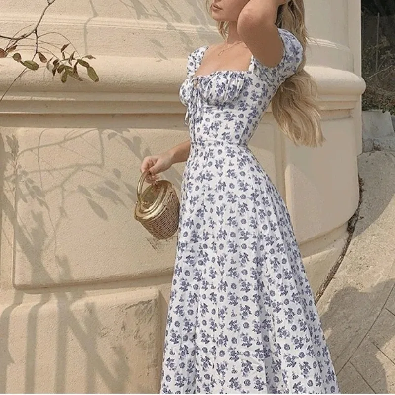 Robe à volants pour femmes, épaules dénudées, robe imprimée florale Vintage, col carré français, dos nu, été 20472