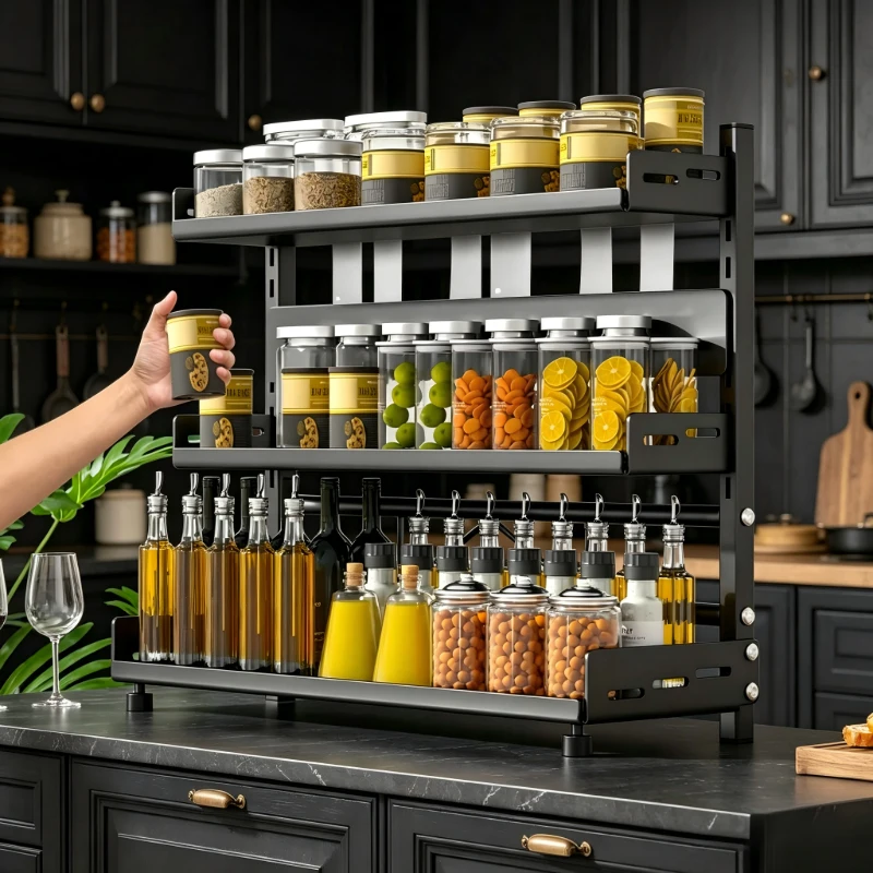 

Металлическая 3-ярусная регулируемая подставка для специй 40 см, черная, для кухонной столешницы и шкафа, органайзер для бутылок с приправами