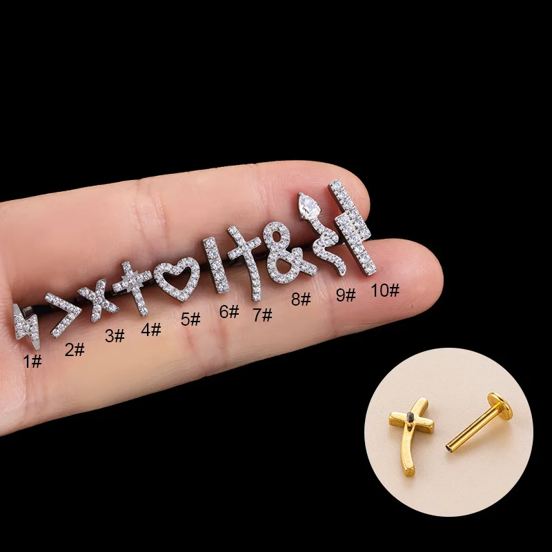 ASTM F136 Titanium 16G Triple Tilt Rectangle Zirconia Labret Monroe Lip Ring Stud Cartilage Helix Tragus Piercing