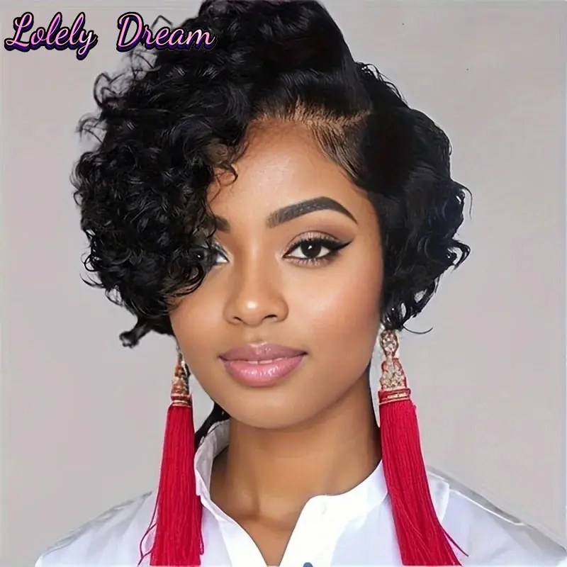 

13x1 lace human hair wigs for women short curly pixie cut wigs human hair wig 6inch natural black color daily party use wig