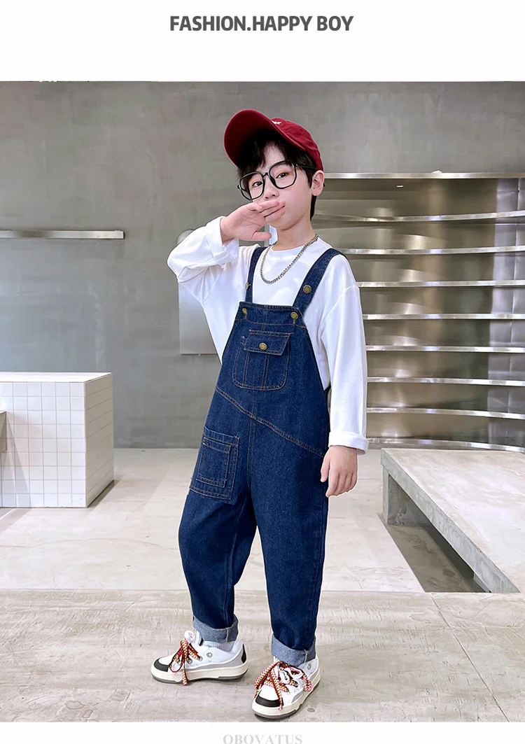 Modische Jeans-Latzhose für Jungen und Mädchen, Kinder Retro Dunkelblau Jeans-Overall mit Trägern, Coole Streetwear Latzhose für Kinder – Detail 3
