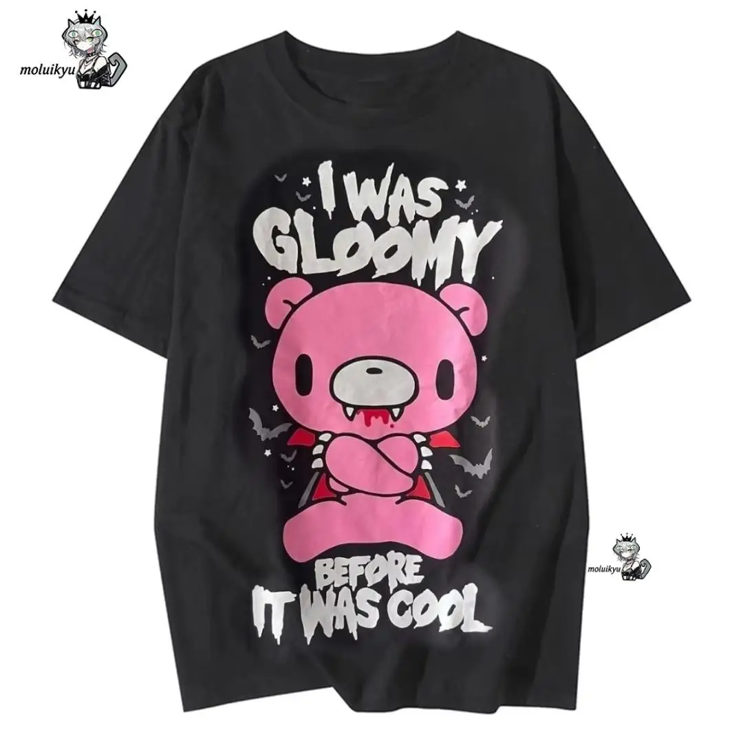Summer Retro Japanese Rock Visual Dark Zombie Blood Violent Bear Print Loose Pure Cotton Short Sleeve T-Shirt Street Style Top