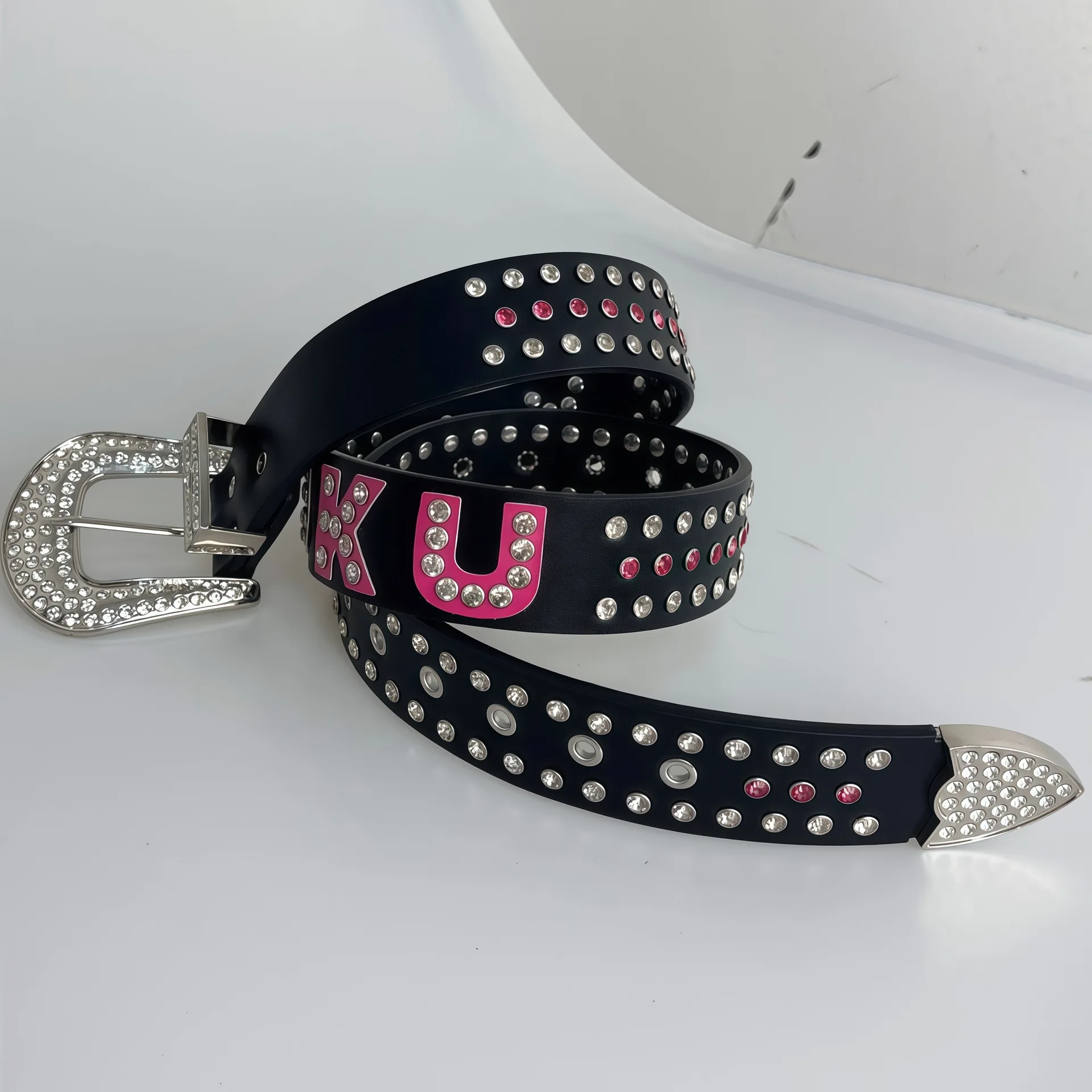 Sparkling Rhinestone Belt PU Leather Glam Belt with Crystal Letters Rivet Studded Women's Party Festival Streetwear Accessory