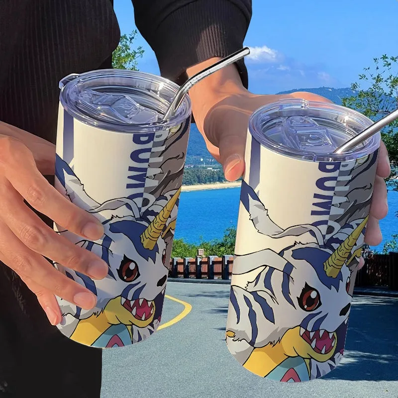 New Digimon AGUMON Gabumon Cartoon Anime Stainless Steel Straw Thermos Cup Fashionable and High-Looking Portable Water Cup